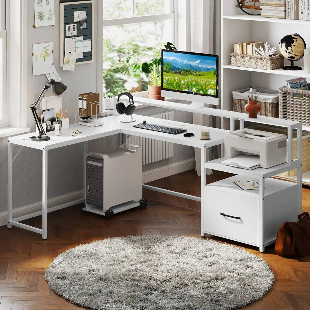 Costway L-shaped Desk Home Office Desk with File Drawer in White 6