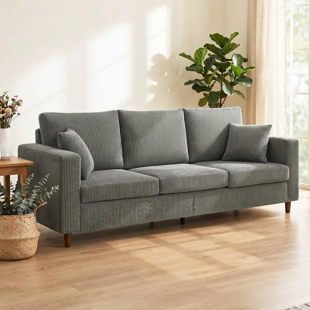 HOMCOM 3 Seater Sofa with Wide Seat, Corduroy Upholstered, Light Grey