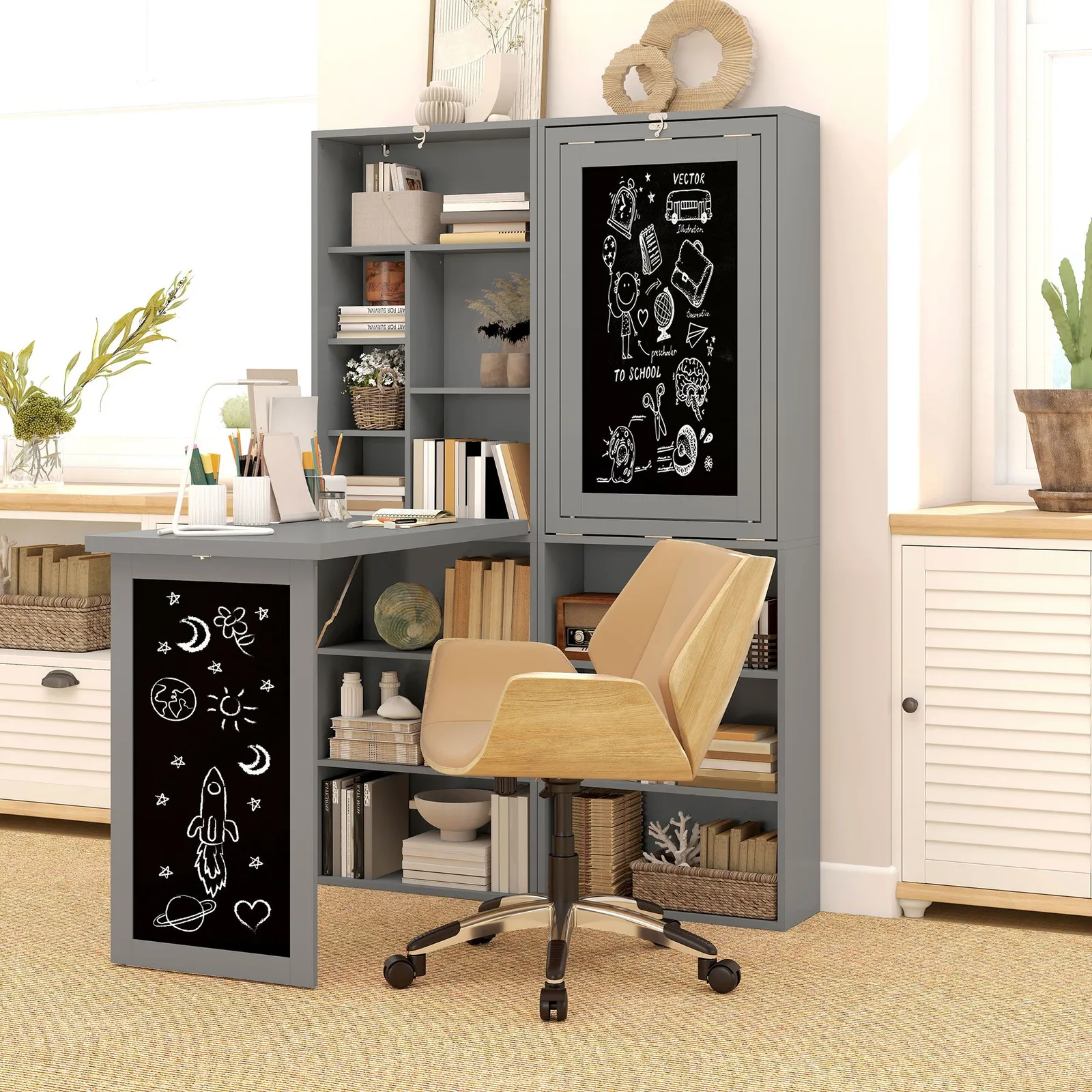 HOMCOM Convertible Desk with Blackboard Multi-function Computer Office in Grey