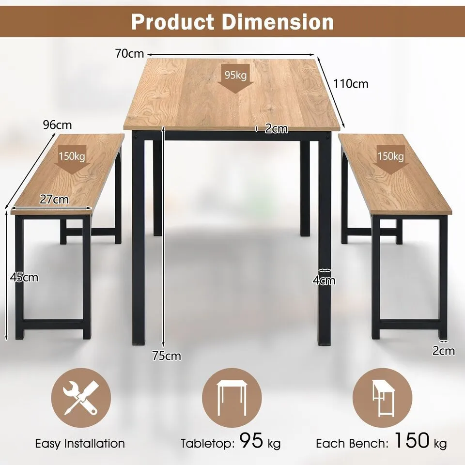 Costway 3 PCS Dining Table Set Space-Saving Kitchen Table Set w/2 Benches in Natural 2
