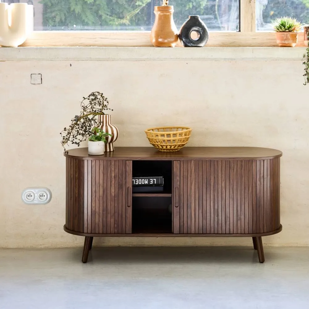 sweeek 120cm Scandi-style Tv Unit With Grooved Wooden Effect & 2 Sliding Do in Dark Brown 6