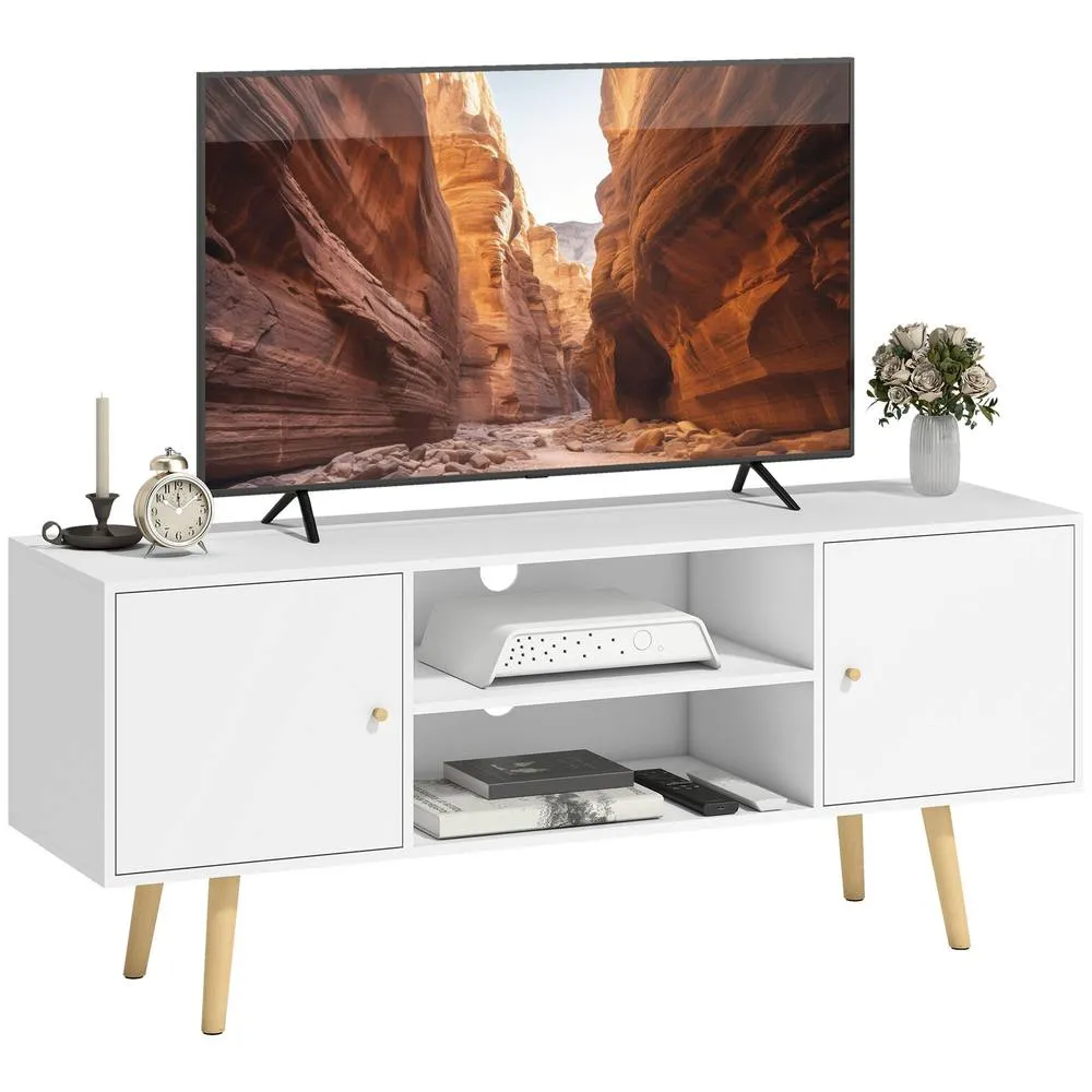 HOMCOM TV Stand Cabinet with Cable Management & Wood Legs Living Room in White
