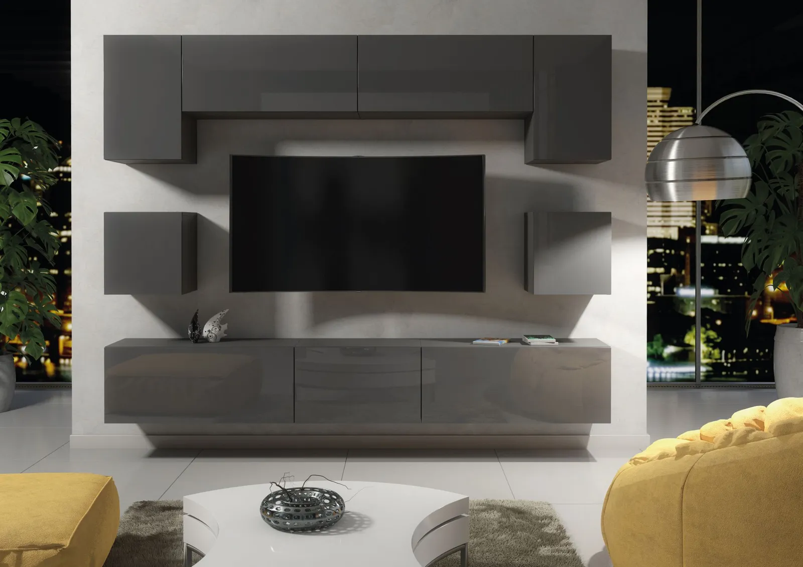 Creative Furniture Panorama Wall TV Unit - A Sleek & Modern Wall Cabinet with Gloss Doors & LED Lights in Dark Grey 6