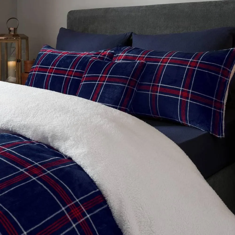Smart Living Luxury Check Printed Flannel Fleece Duvet Cover with Pillowcases in Navy 3
