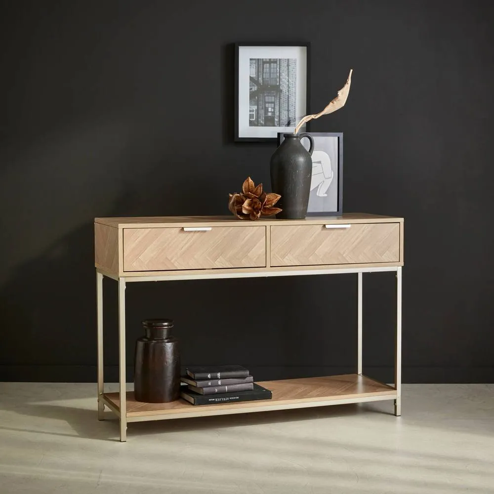 sweeek 110cm herringbone console table with 2 drawers in Beige 3