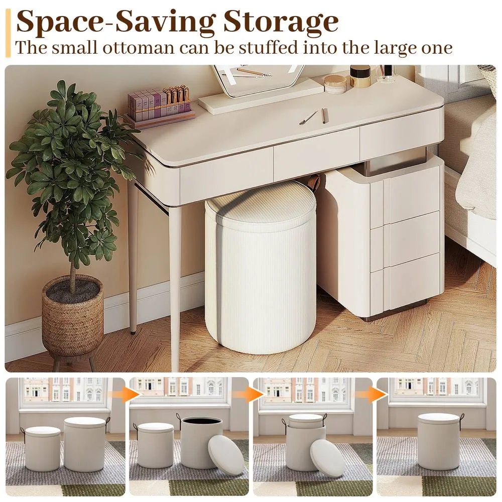 Costway 2PCS Modern Round Ottoman Upholstered Vanity Stools w/ Removable Lids in Beige 4