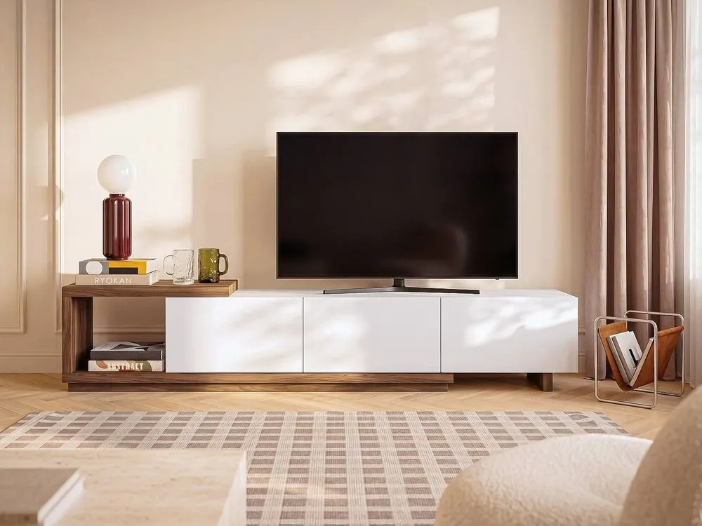 Vente-unique TV Stand With 3 Drawers & 1 Open Compartment - White & Natural in Light Oak 3
