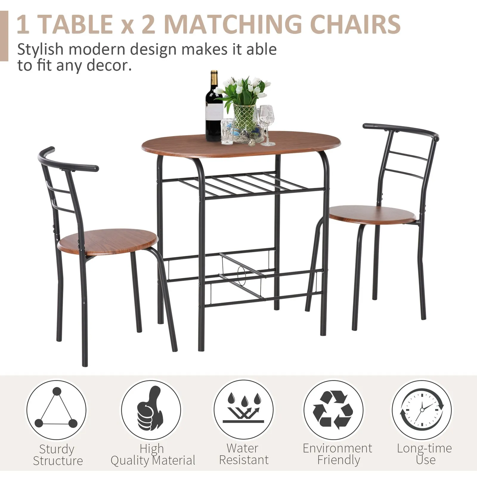 HOMCOM 3 Piece Bar Table Set 2 Stools Industrial Style Dining Room Storage in Light Brown 4