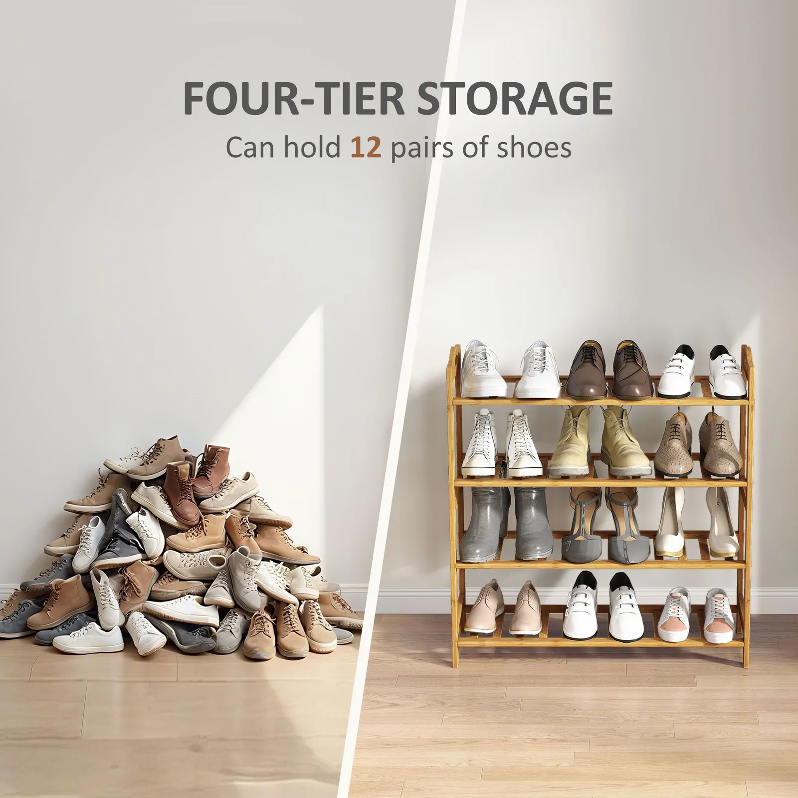 HOMCOM 4-Tier Shoe Rack, Bamboo Shoe Shelf Stand, Natural Wood Finish 6