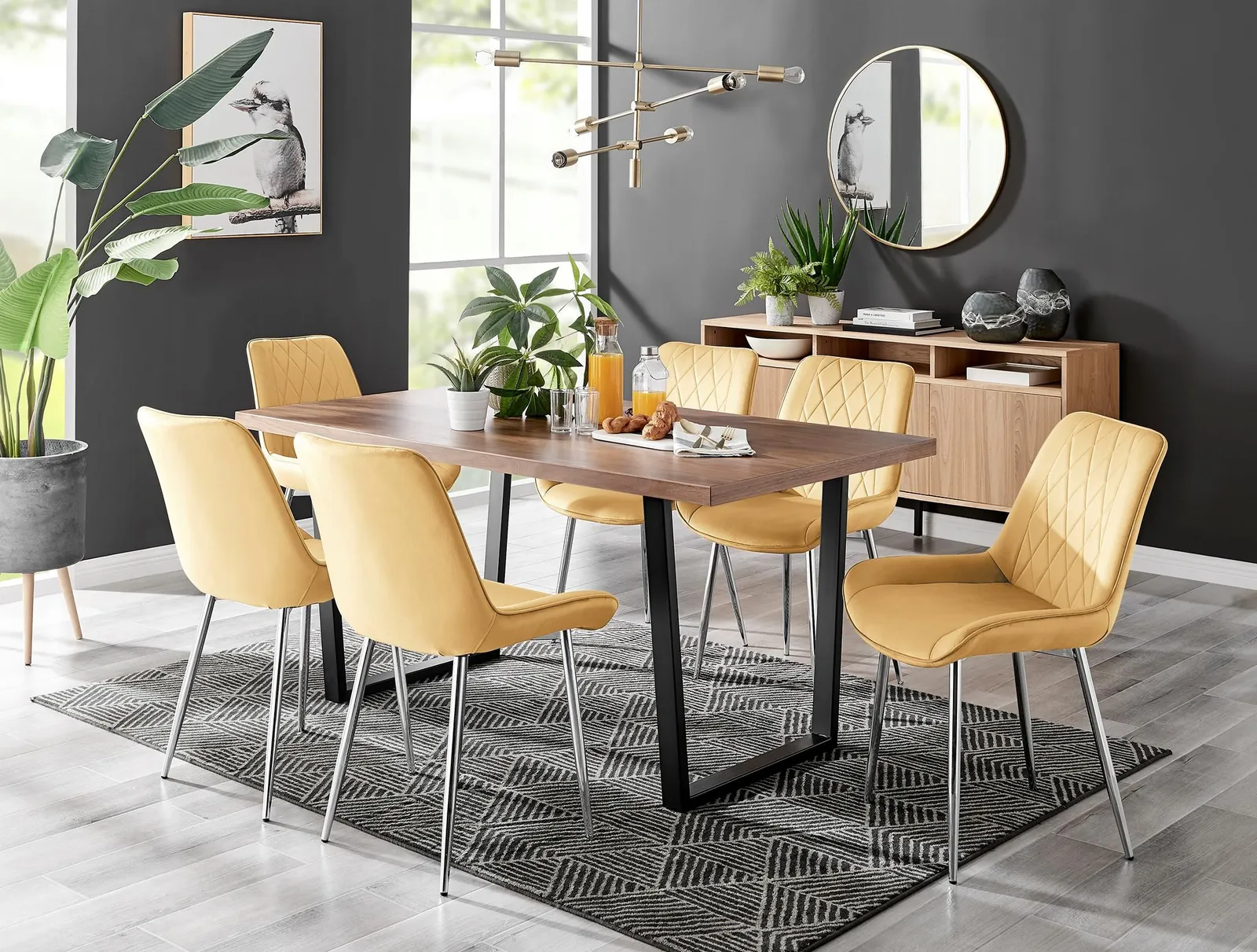 FurnitureboxUK Kylo Large Brown Wood Effect Dining Table & 6 Pesaro Velvet Silver Leg Chairs in Cream