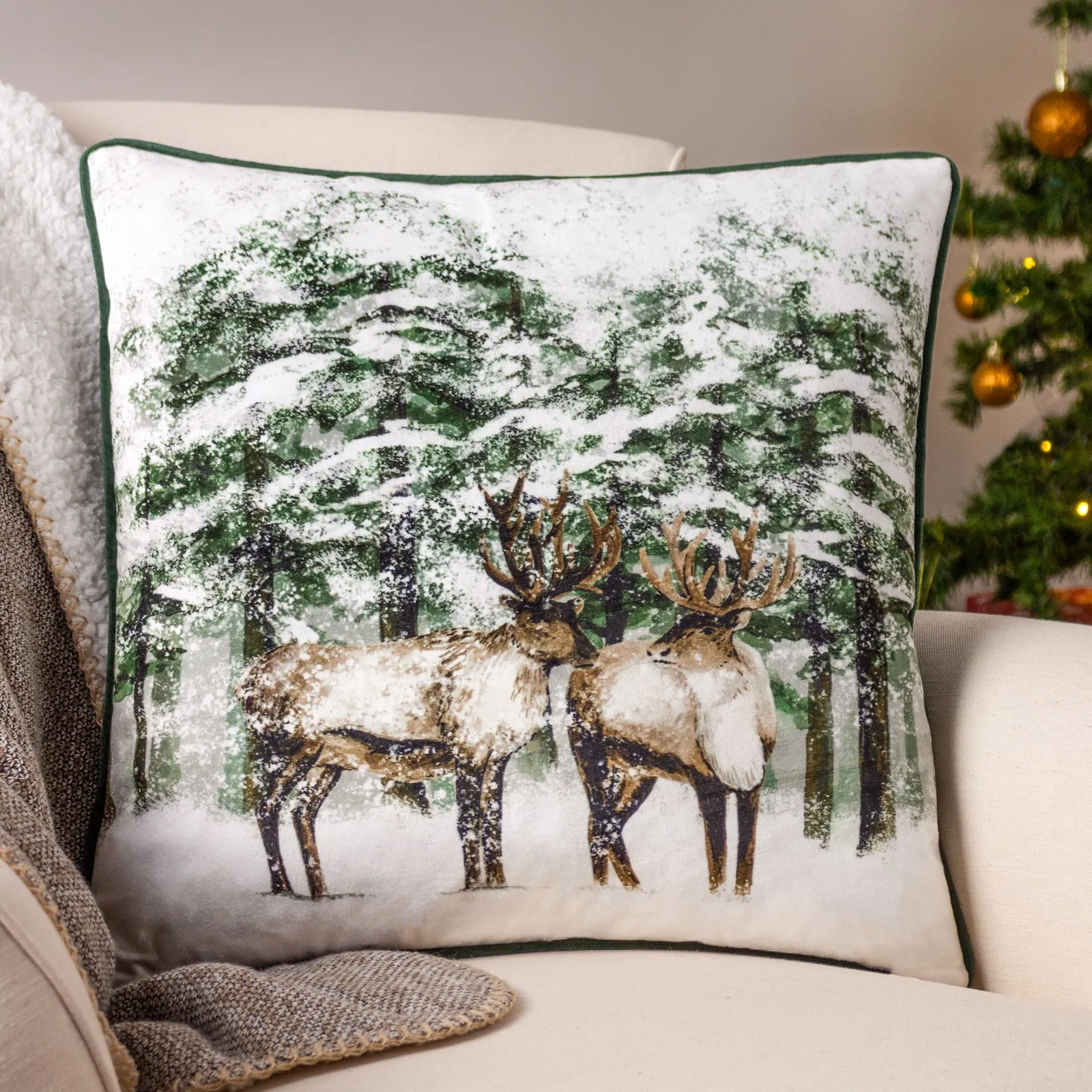 Furn Classic Reindeer Velvet Piped Cushion in Green