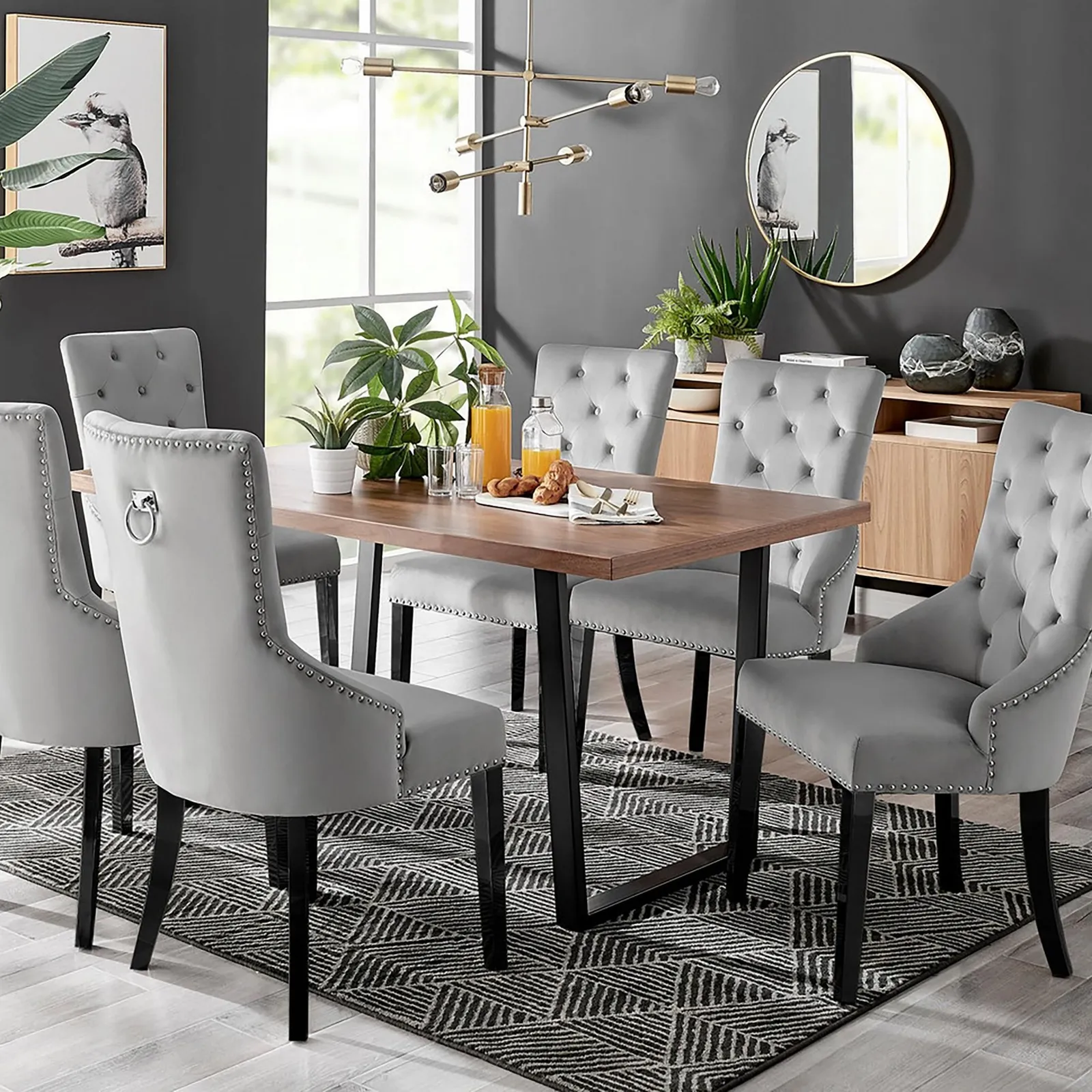 FurnitureboxUK Kylo Large Brown Wood Effect Dining Table & 6 Belgravia Black Leg Velvet Chairs in Grey