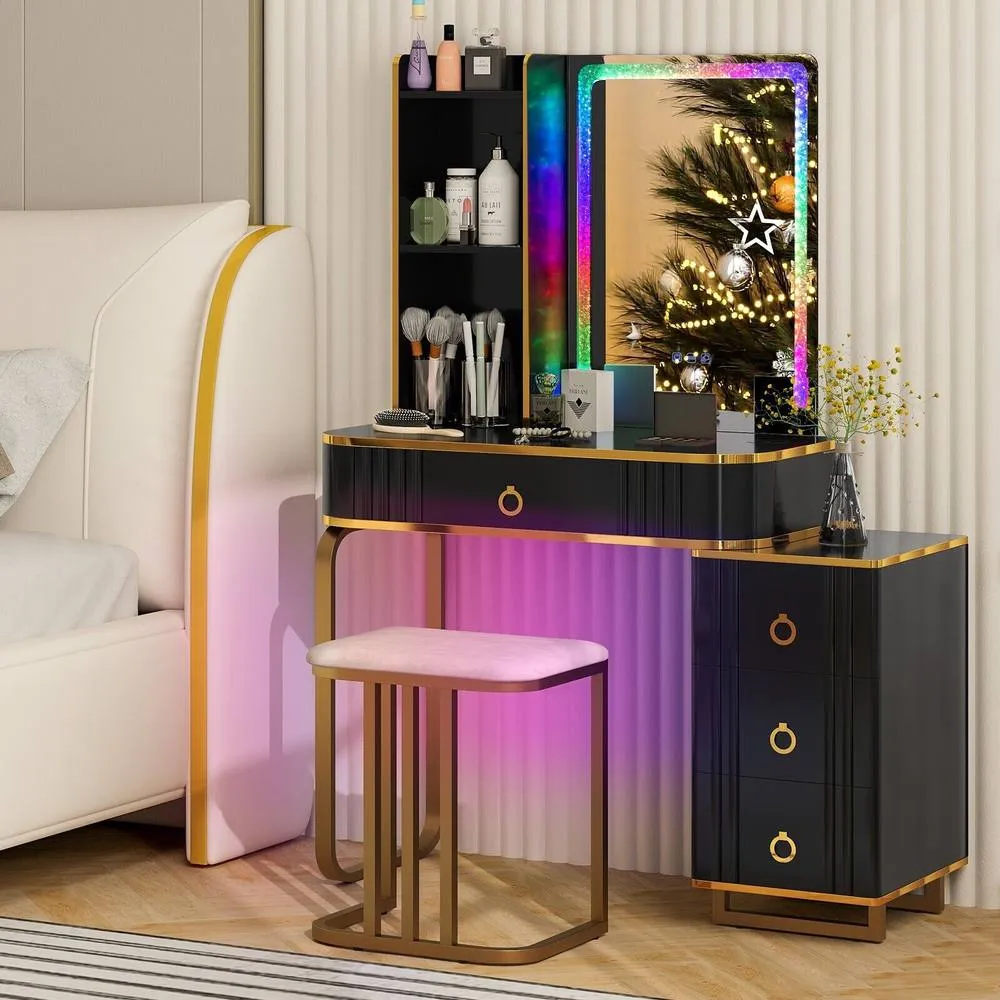 Costway Dressing Table & Stool Set w/Mirror RGB Lights & Charging Station in Black 3