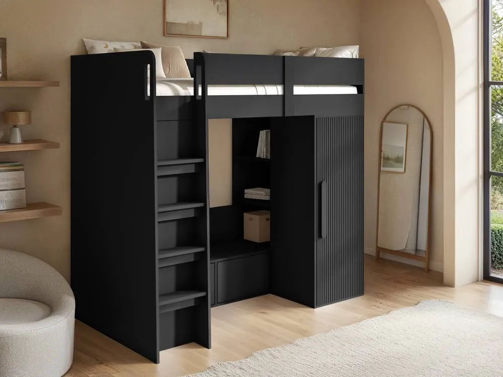 Flair Aspen Ribbed High Sleeper with Storage & Wardrobe in Black 2