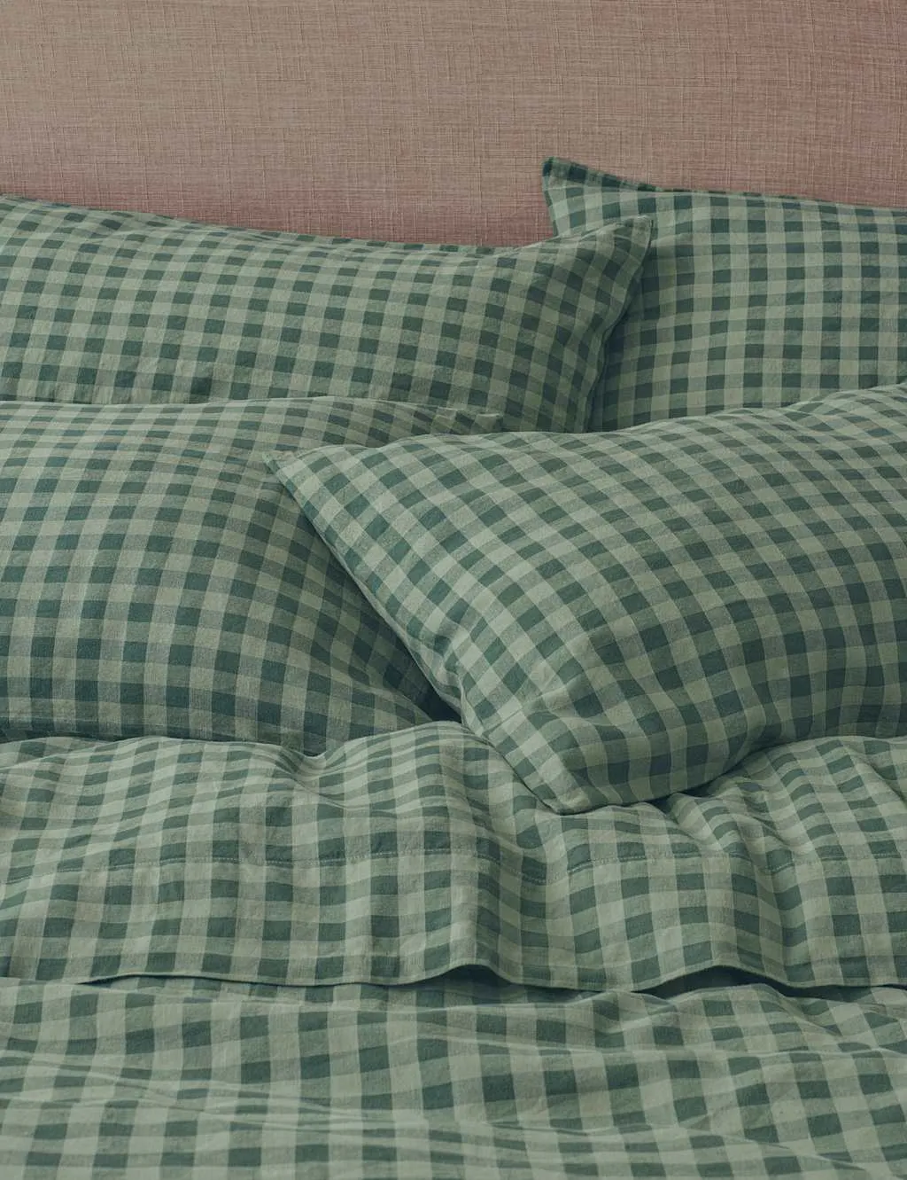 Piglet In Bed Linen Blend Gingham Pillowcase Pair Dark Green Mix