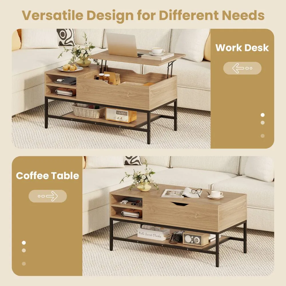 Costway Lift Top Coffee Table Living Room Table w/ Storage Shelf in Natural 2