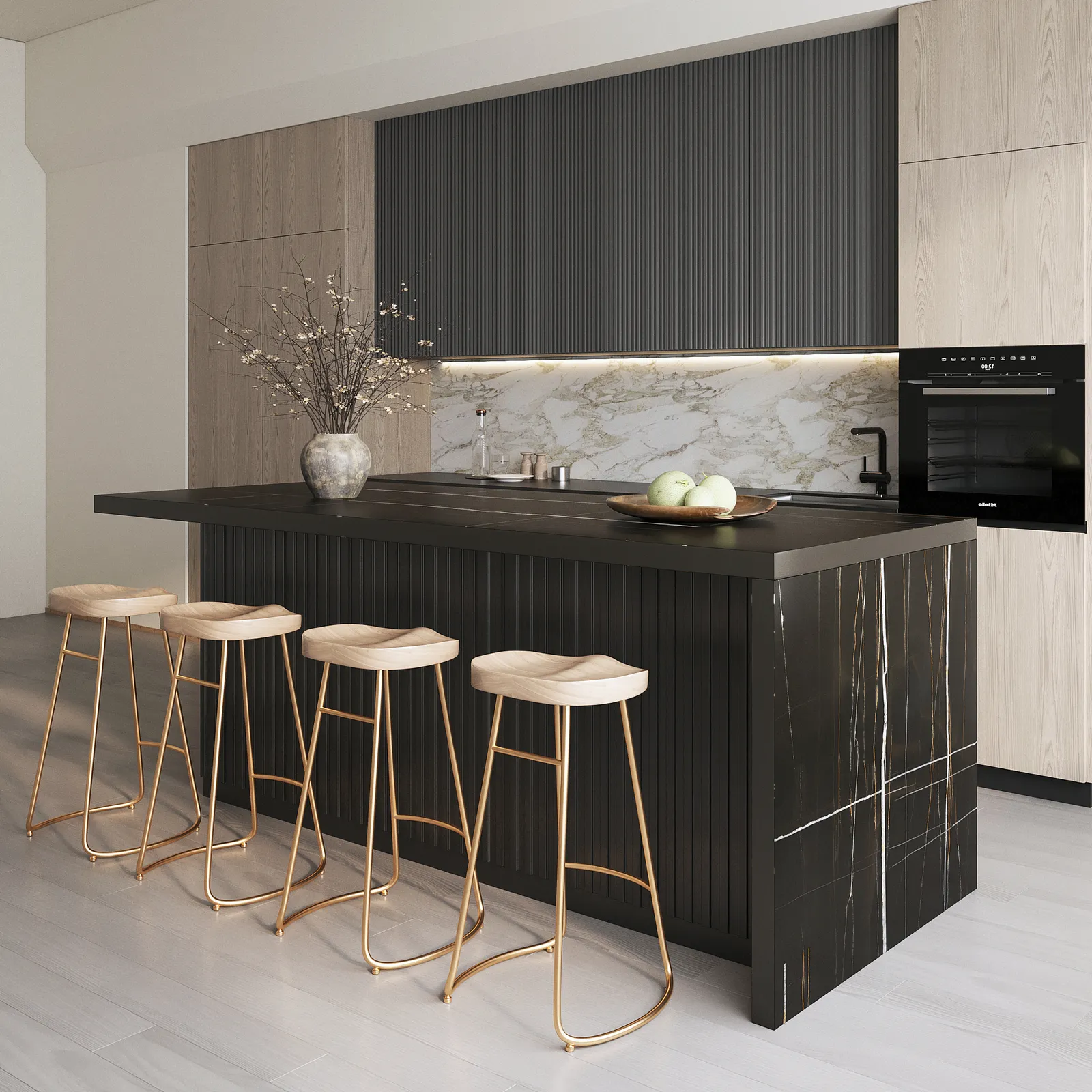 180 cm Kitchen Islands Marble Veneered Top Black Modern with Storage Kitchen Cabinet