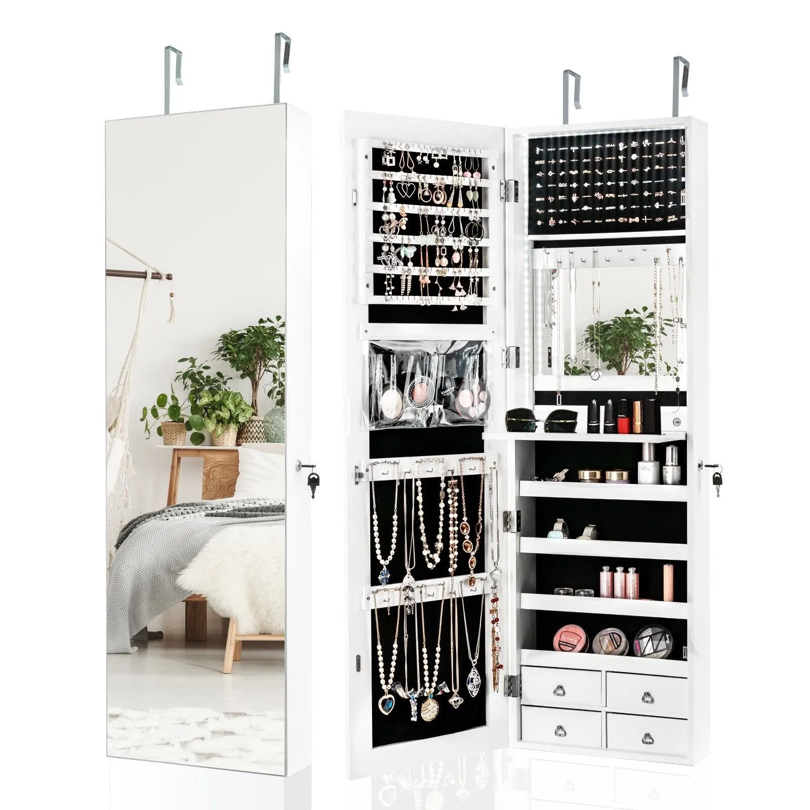 Costway Full-length Mirror Jewelry Cabinet Wall/Door Mounted Jewelry Armoire LED Lighted in White