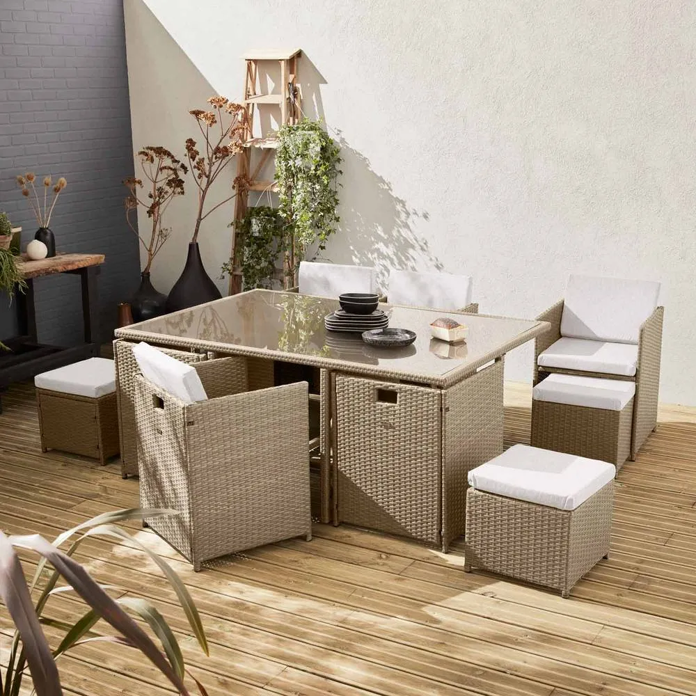 sweeek 6 To 10-seater Rattan Cube Table Set With Chairs in Beige 6
