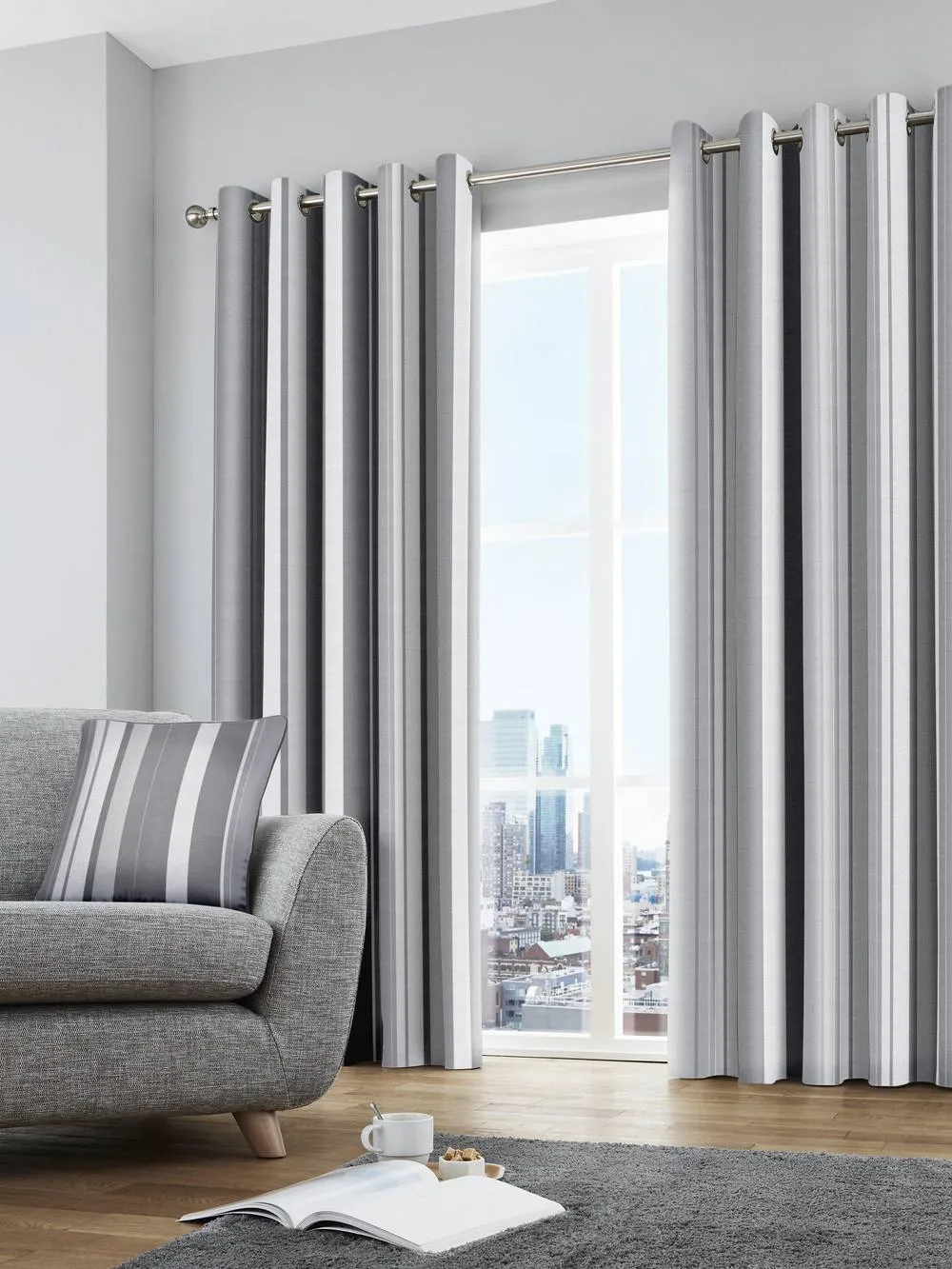 Fusion 'Whitworth Stripe' Fully Lined 100% Cotton Eyelet Curtains in Grey 4