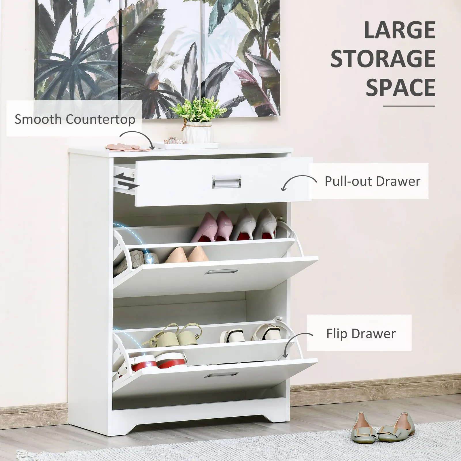 HOMCOM Tipping Shoe Cabinet Hall Organizer with Flip Drawers in White 4