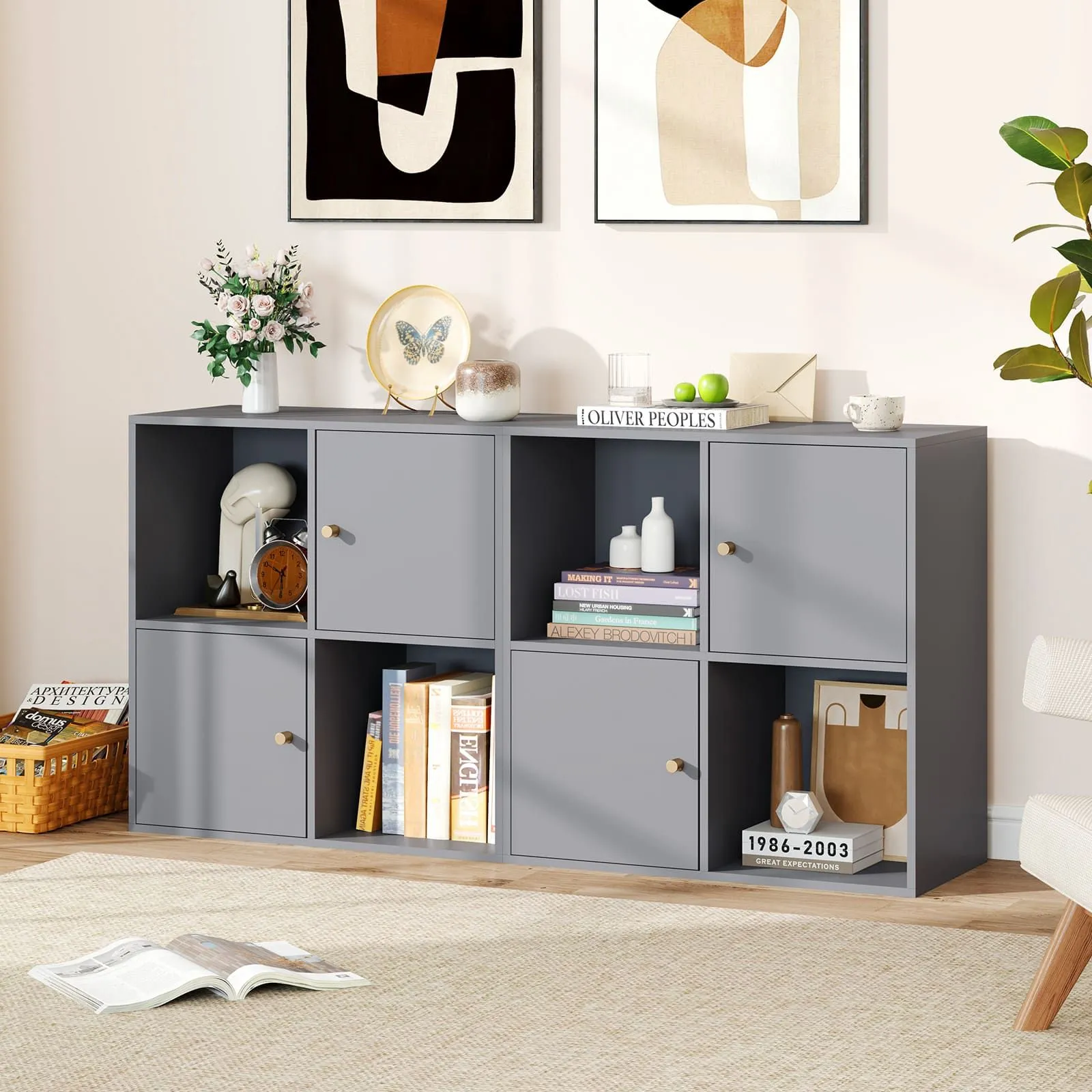 Costway 4-Cube Bookcase 3-Tier Bookshelf Storage Organizer w/2 Cabinets in Grey 5