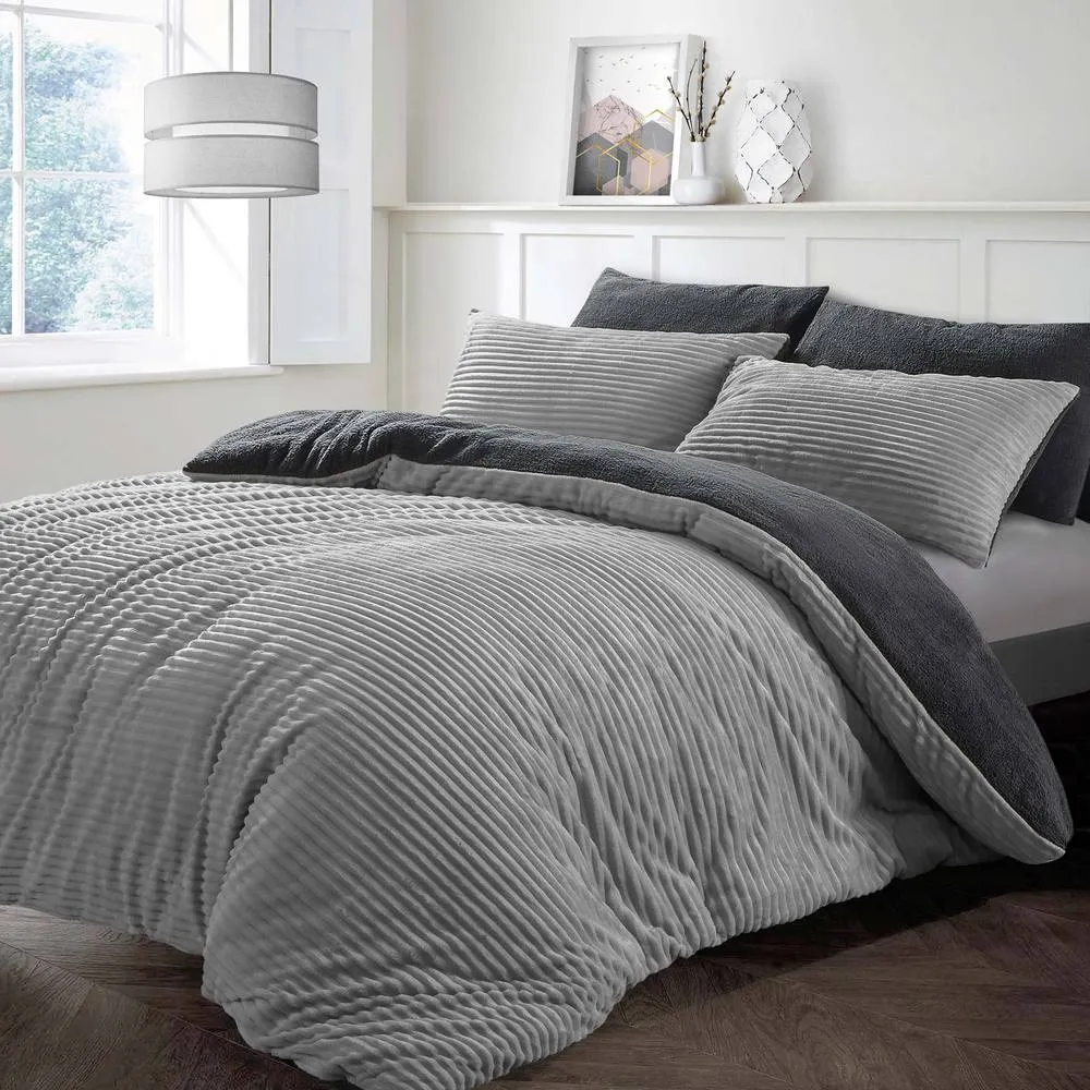 Velosso Plush Corduroy Teddy Warm & Cosy Duvet Cover & Pillowcase Set in Silver