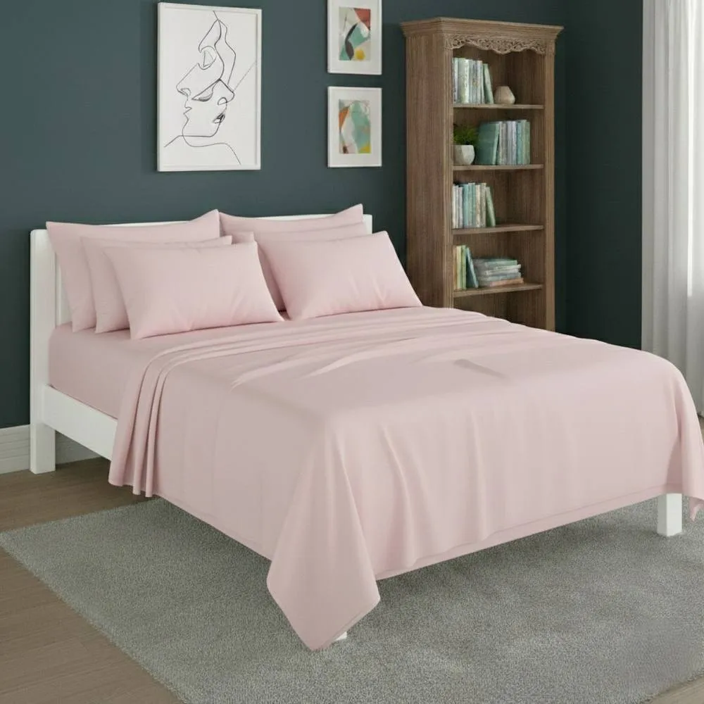 Snug City Plain Poly Cotton Easy Care Fitted Flat Sheet Matching Pillowcases Set in Pink