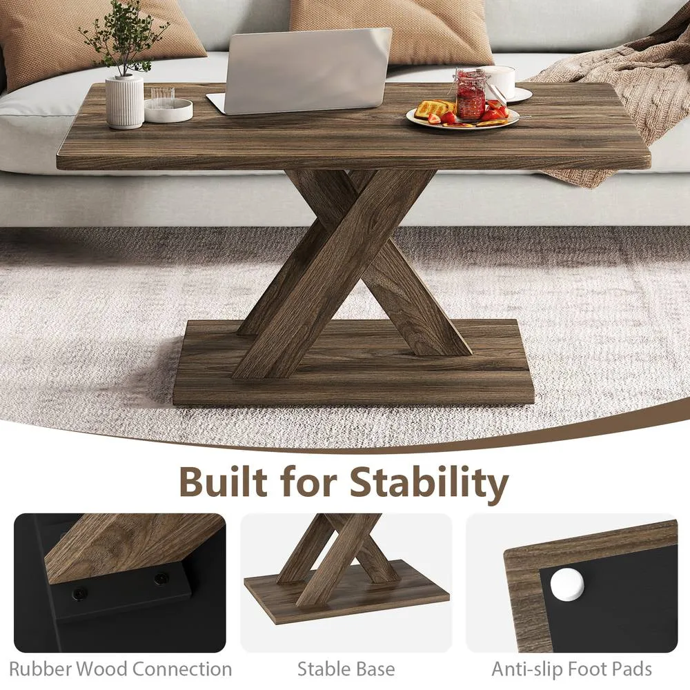 Costway 95CM Coffee Table Rectangular Center Table Farmhouse Cocktail Table in Brown 5