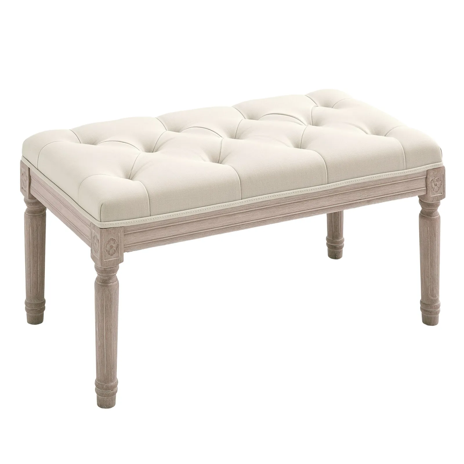 HOMCOM Accent Bench Tufted Upholstered Foot Stool Linen-Touch Ottoman in Beige 2