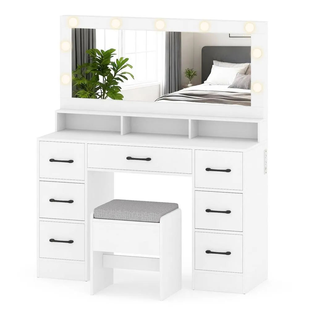 Costway Vanity Desk with Mirror & Lights Makeup Table with 7 Drawers in White 2