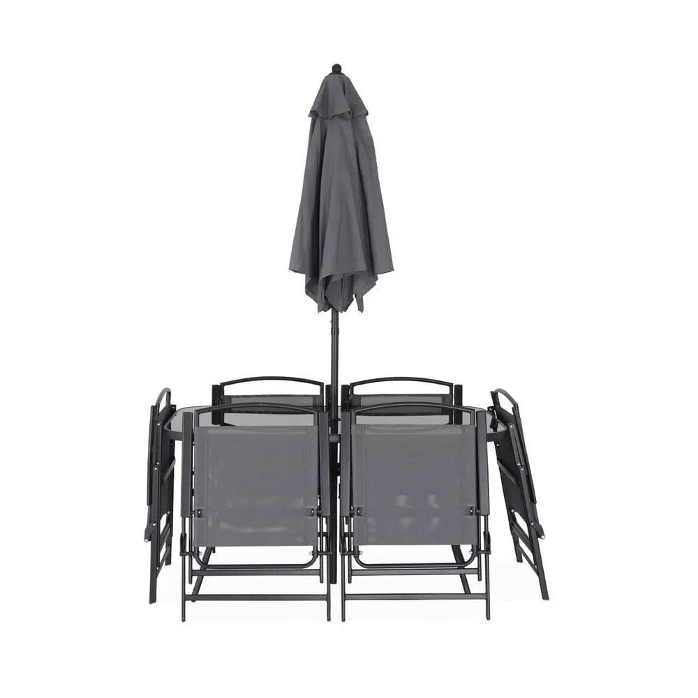 sweeek 6-seater metal dining set with foldable chairs & parasol in Dark Grey 6