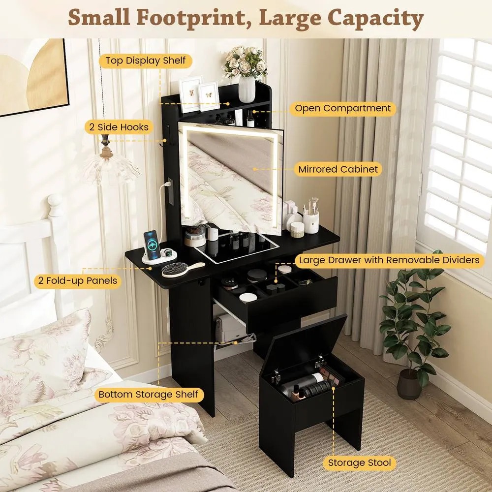 Costway Dressing Table & Stool Set Makeup Table w/LED Lights &Charging Station in Black 6