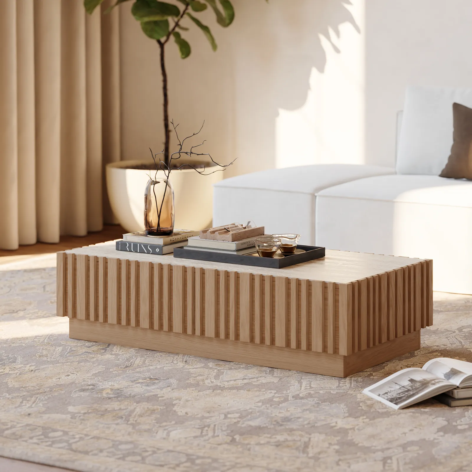 Aura 47" Ash Wood Slatted Coffee Table with Sintered Stone Top
