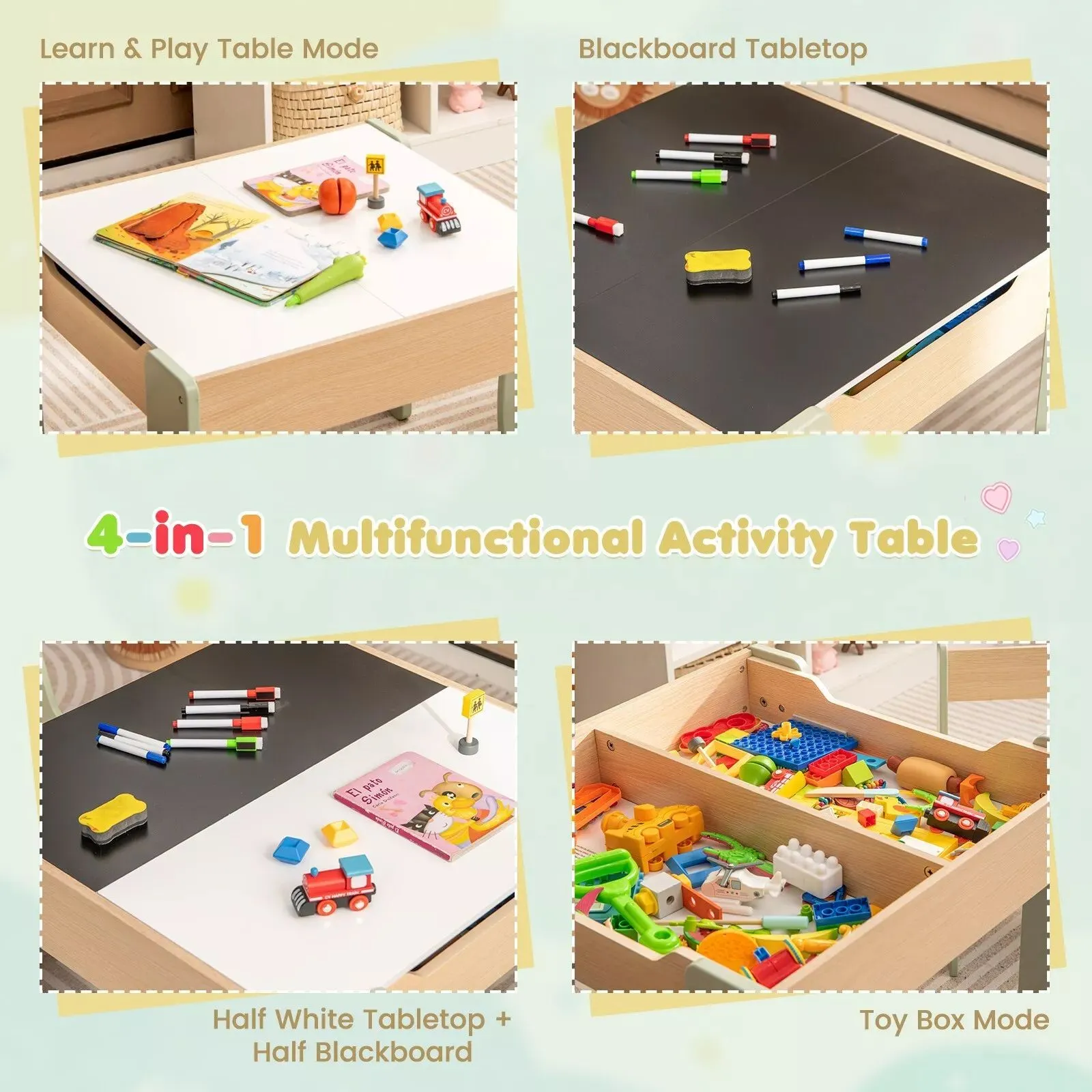 Costway Wooden Table & Chair Set Activity Desk 2 Chairs with Reversible Blackborad in Green 4