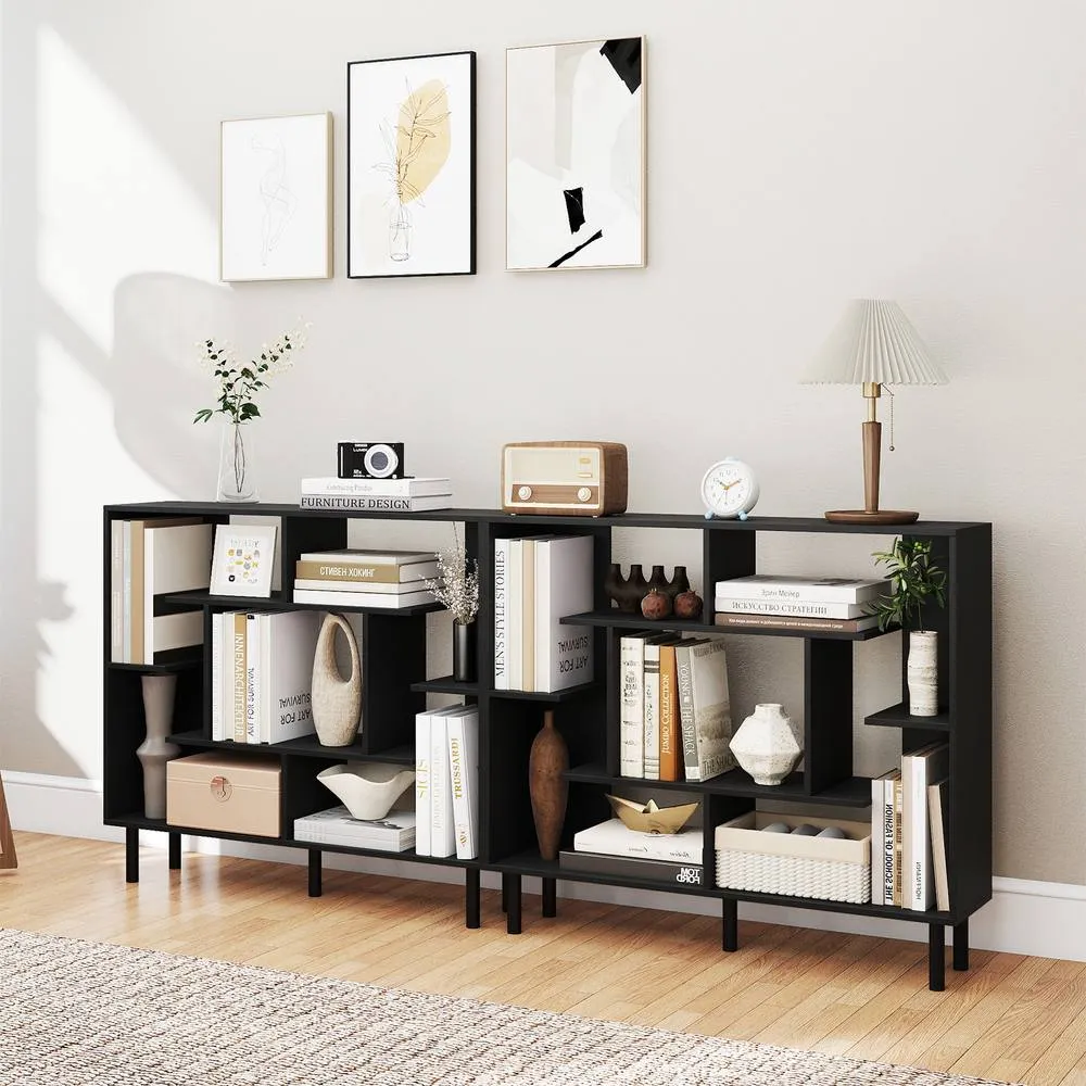 Costway Modern Geometric Bookcase Wooden Open Bookshelf Display Shelves in Black 5