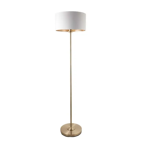 Endon Collection Highclere Floor Lamp With Shade Antique Brass Plate Vintage White Fabric 1X E27, Gold 5
