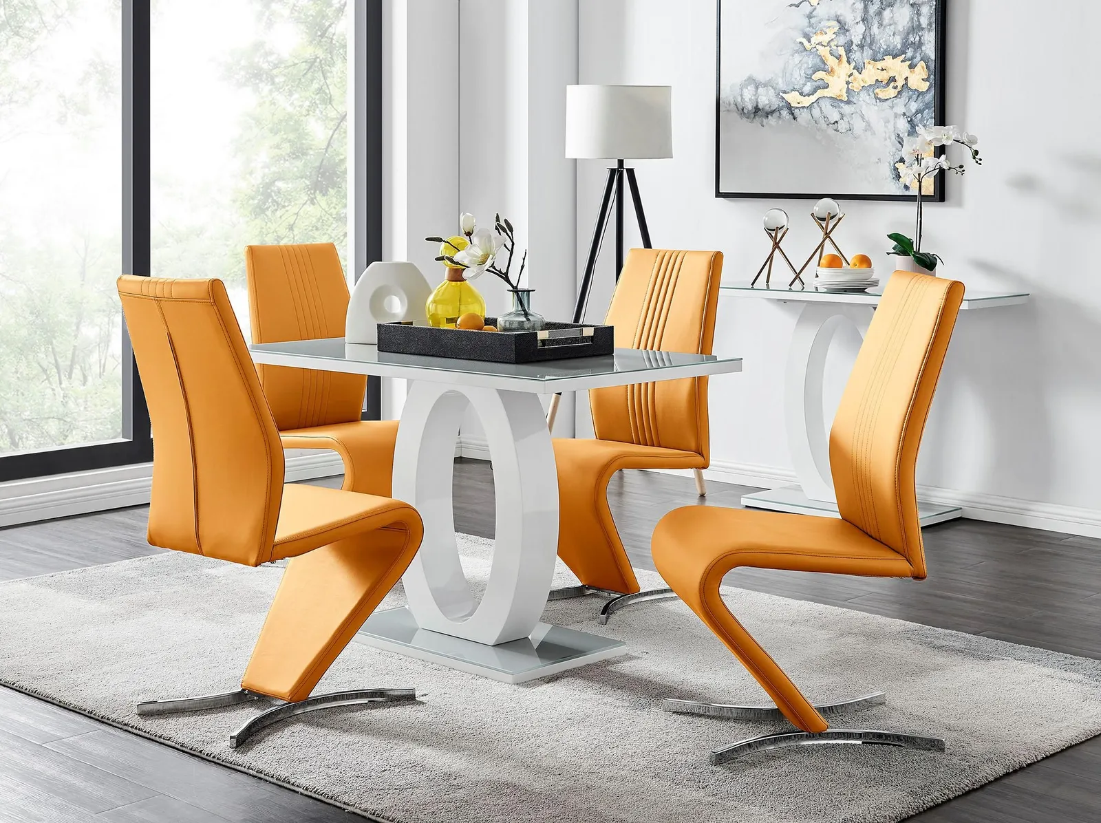 FurnitureboxUK Giovani Grey White Modern High Gloss & Glass Dining Table & 4 Willow Chairs Set in Mustard 1