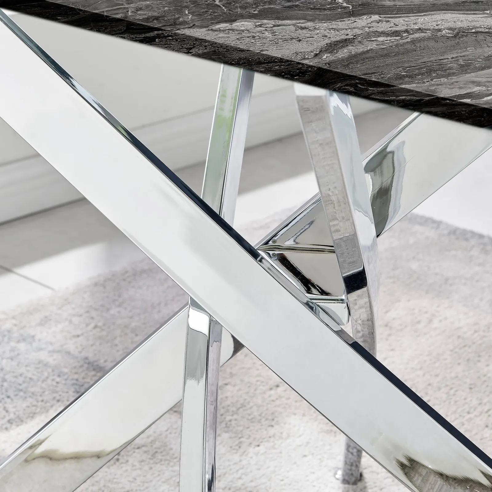 FurnitureboxUK Leonardo Grey Glass Marble Effect Silver Leg Table & 4 Pesaro Silver Chairs in Navy 5