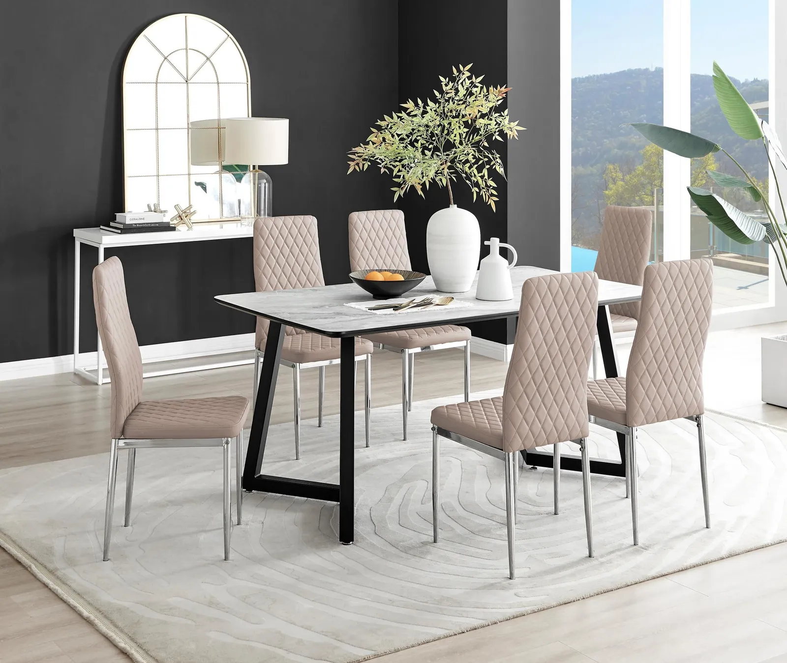 FurnitureboxUK Carson White Marble Effect Dining Table & 6 Milan Chrome Leg Chairs in Beige 1