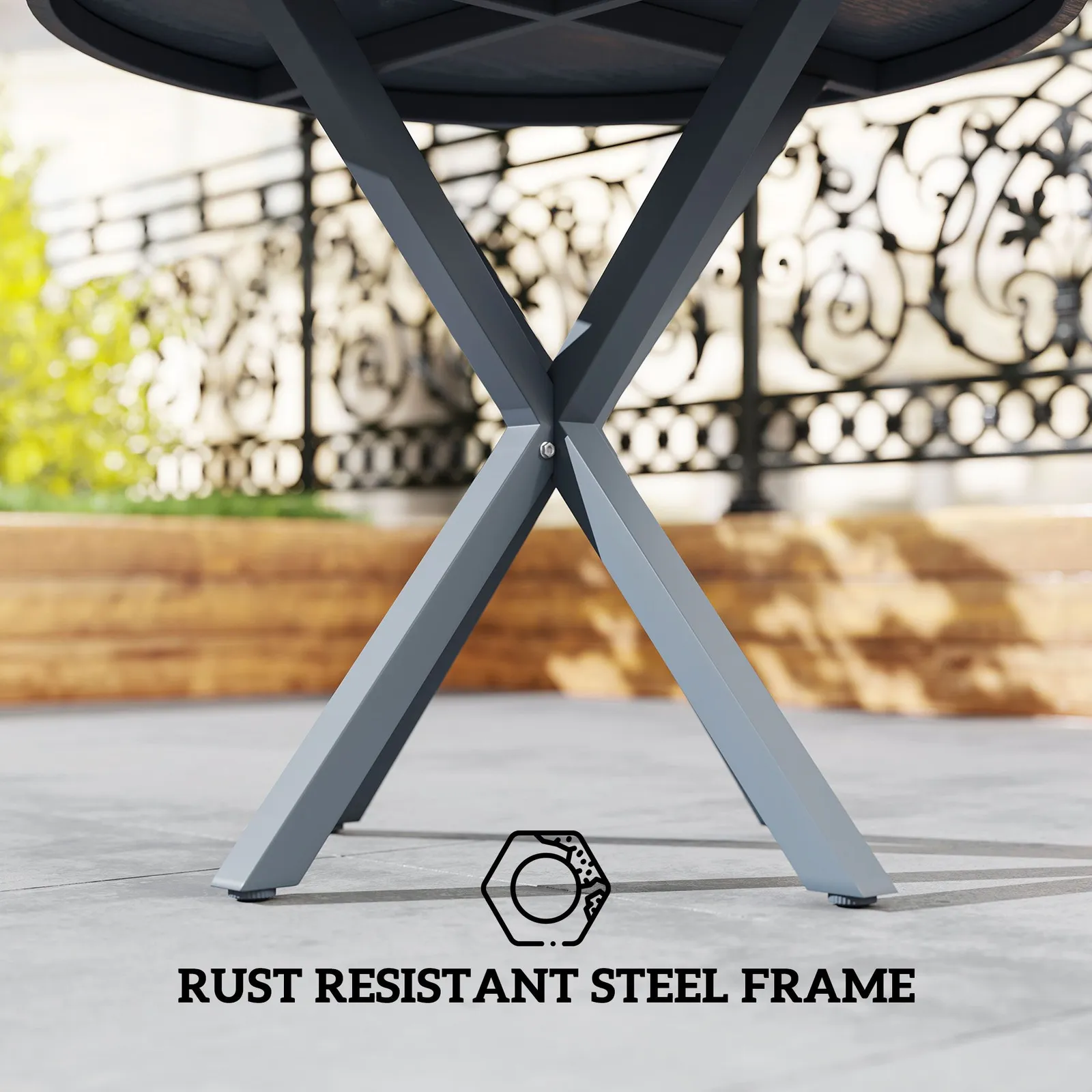OUTSUNNY Garden Table with Steel Frame, Wood Effect Top, for Balcony, Deck in Dark Grey 5