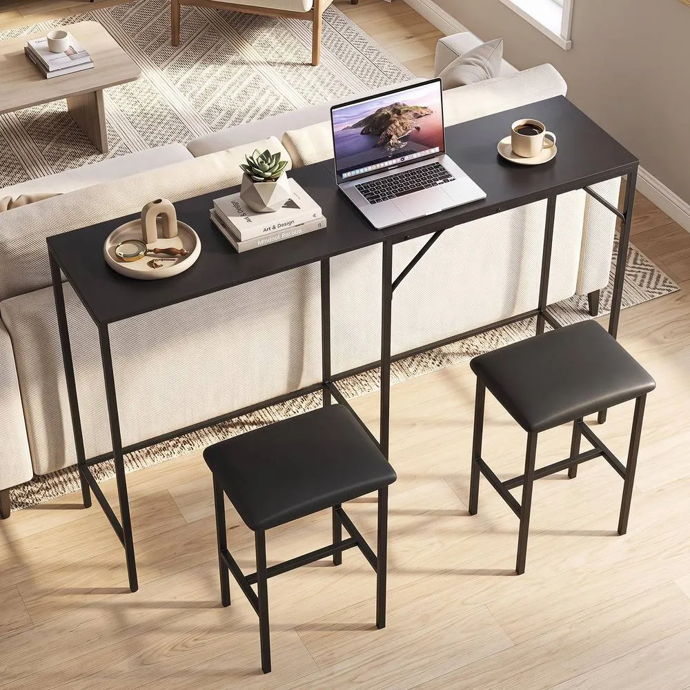 Costway 3-Piece Bar Table & Chair Set L-Shaped Table 2 AC Outlets in Black 4