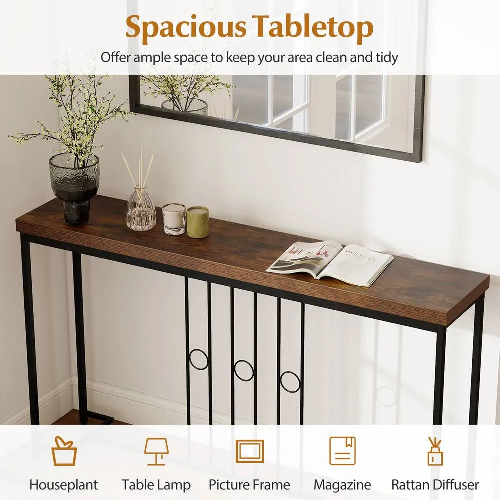 Costway Industrial Console Table 140CM Narrow Entryway Table Behind Sofa Table in Brown 6