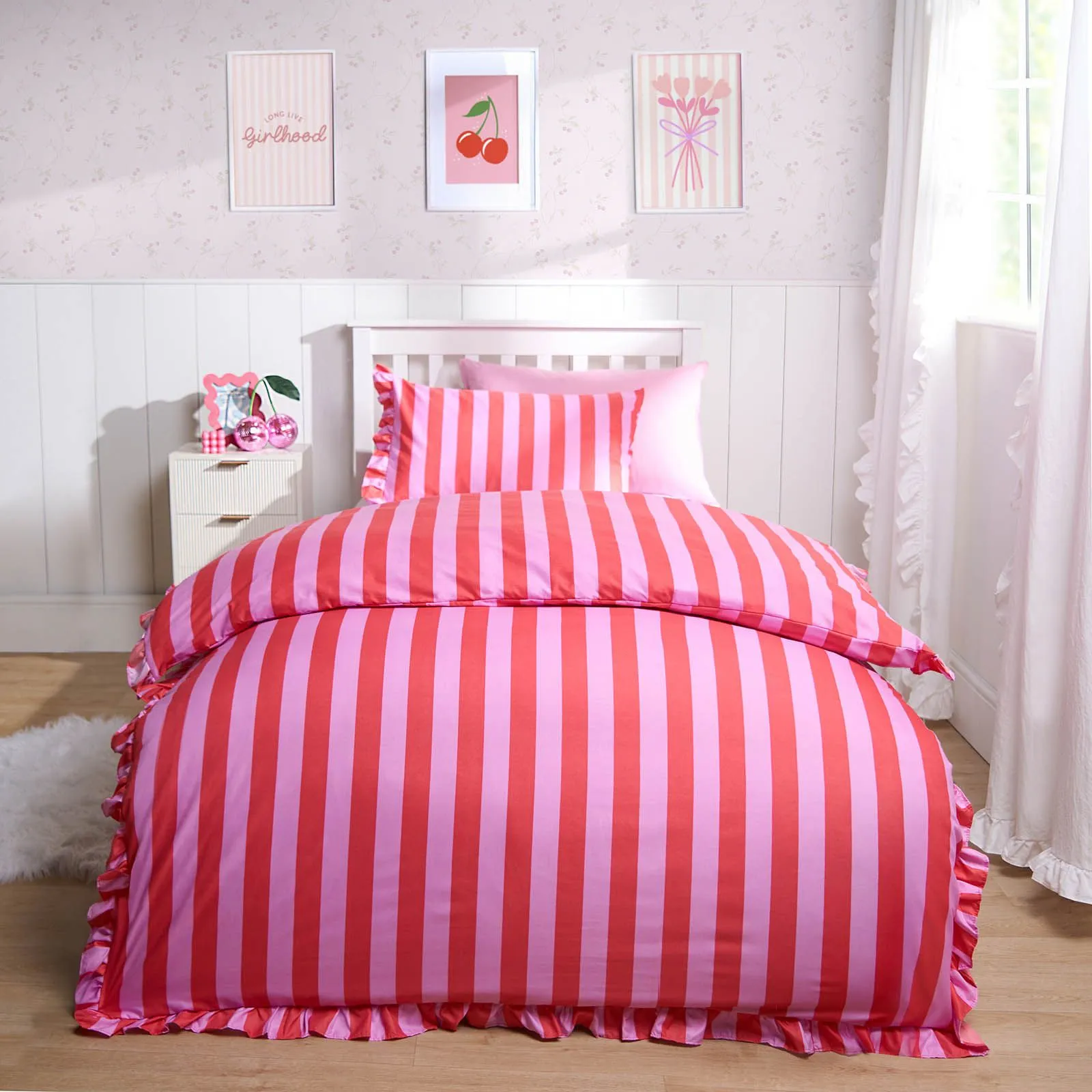 OHS Frill Duvet Cover Bedding Set Pillowcase Stripe Quilt Luxury in Pink