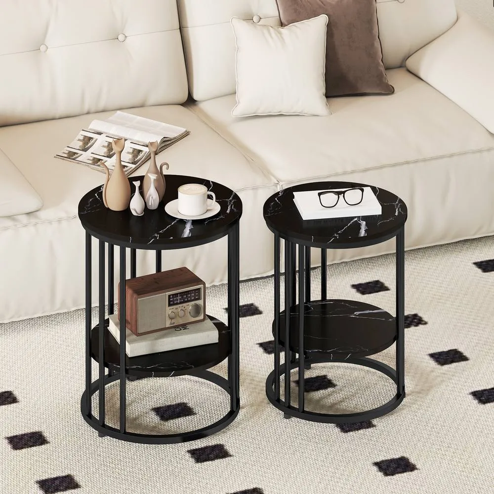HOMCOM Marble-Effect Round Coffee Table Set of 2 for Living Room, Black