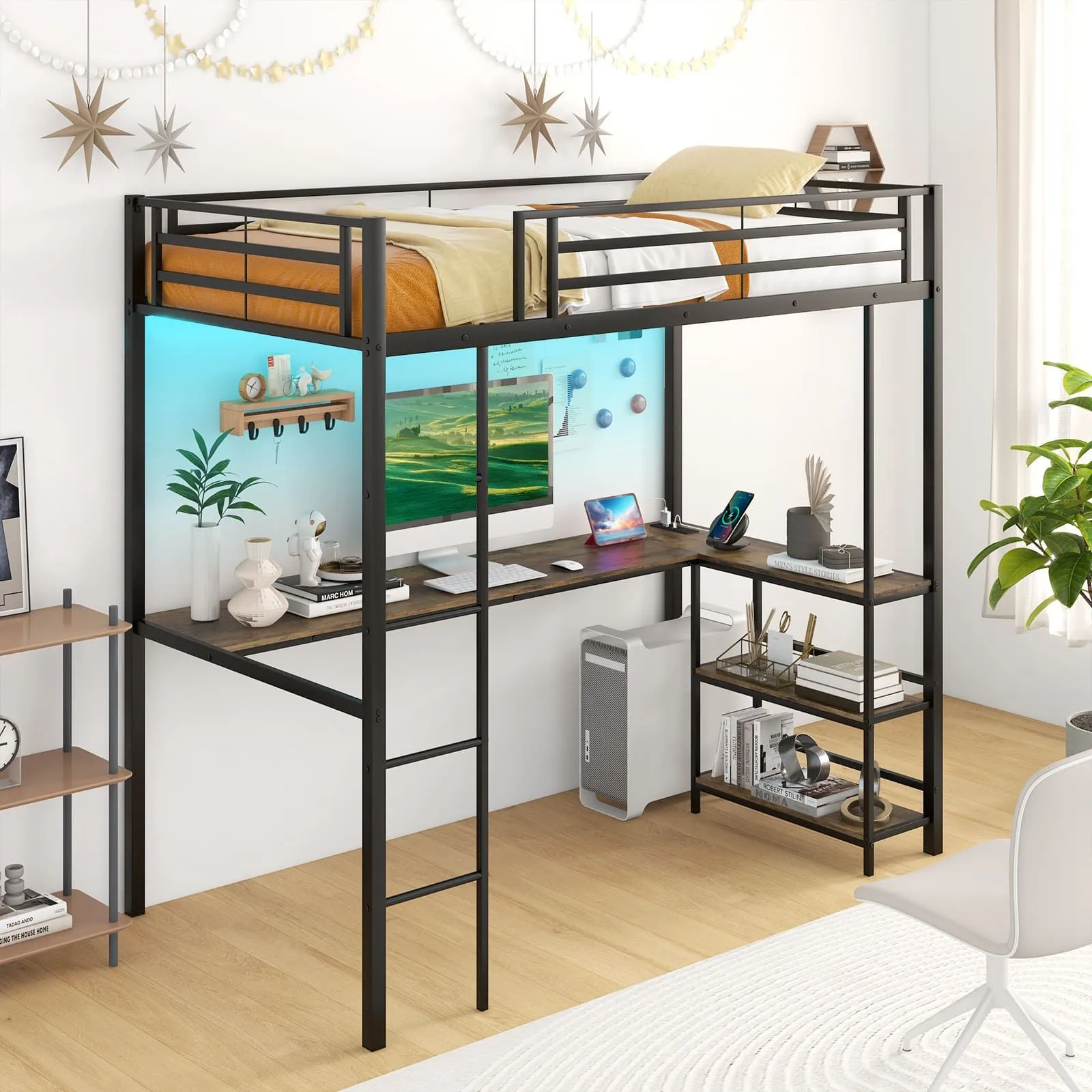 Costway Loft Bed Single Platform Bed Metal High Sleeper Bed w/Charging Station in Black 2