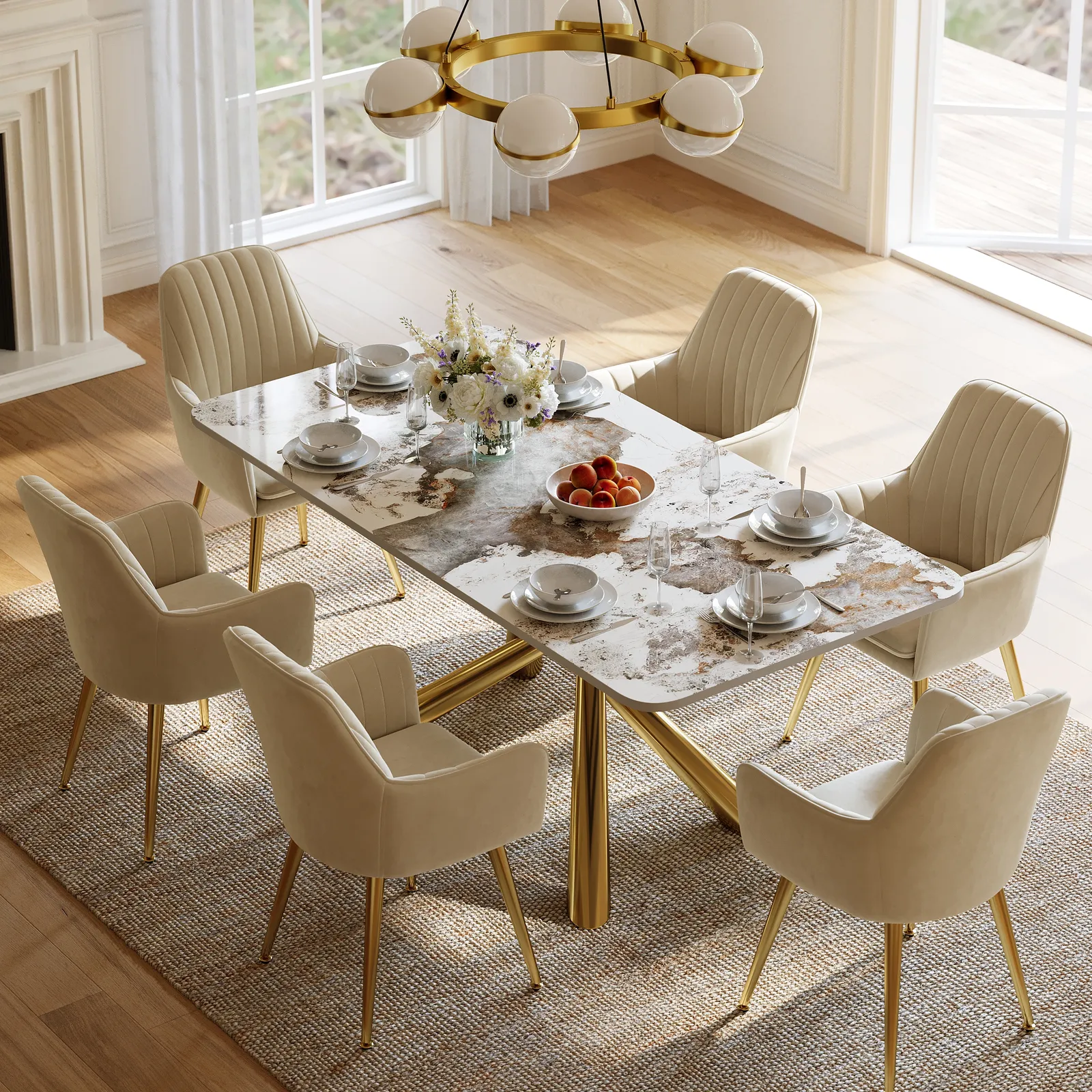 180 cm Modern Stone Top Rectangle Dining Table with Stainless Steel Trestle