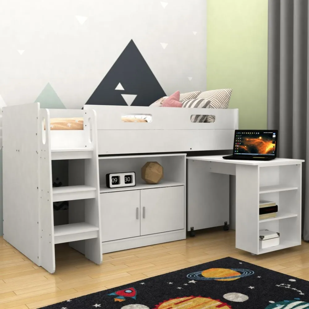 Kudl White Mid Sleeper with Desk and Cupboard - 3ft Single