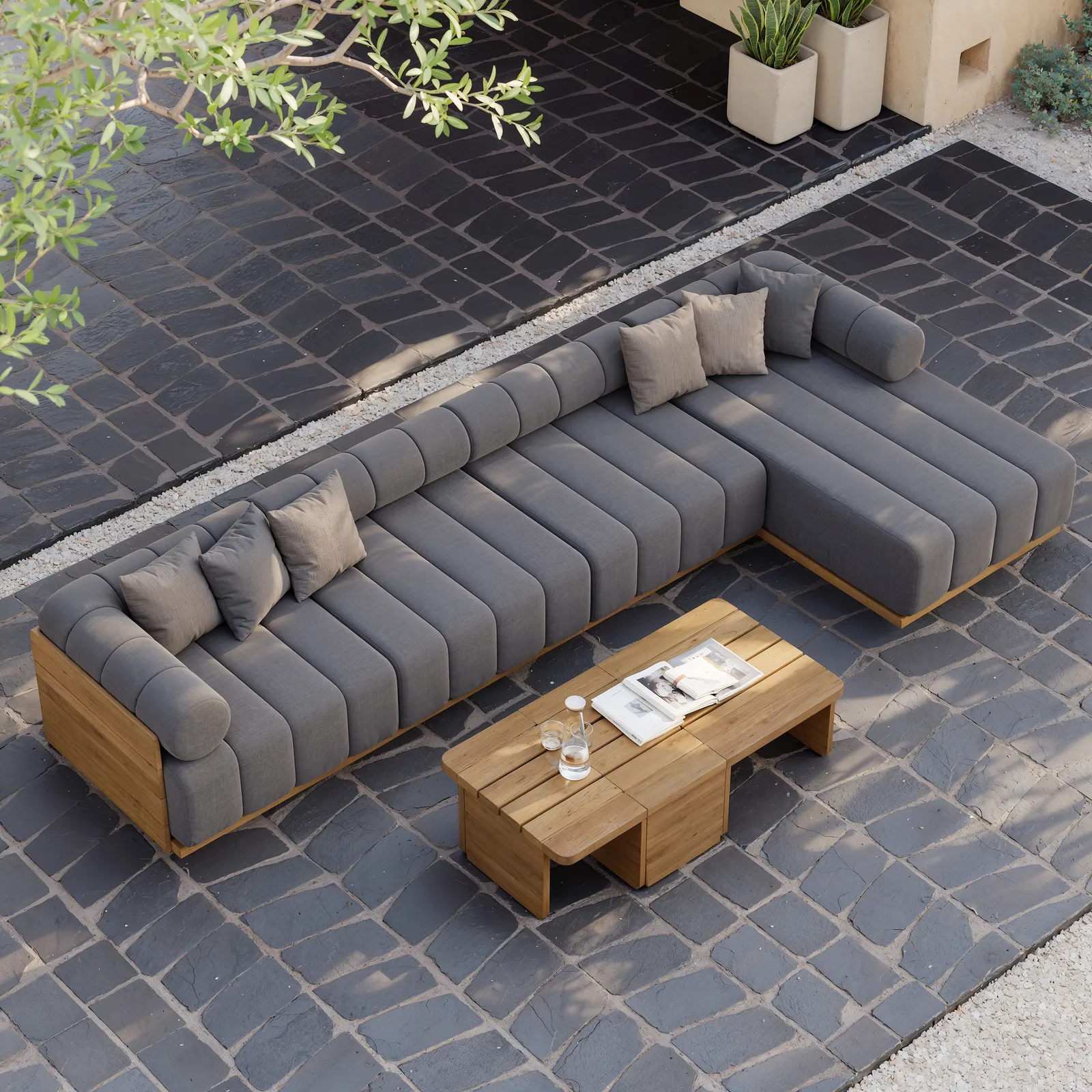 Resaro 7-Piece Outdoor Modular Natural Teak Sectional Fluted Sofa Set in Dark Gray