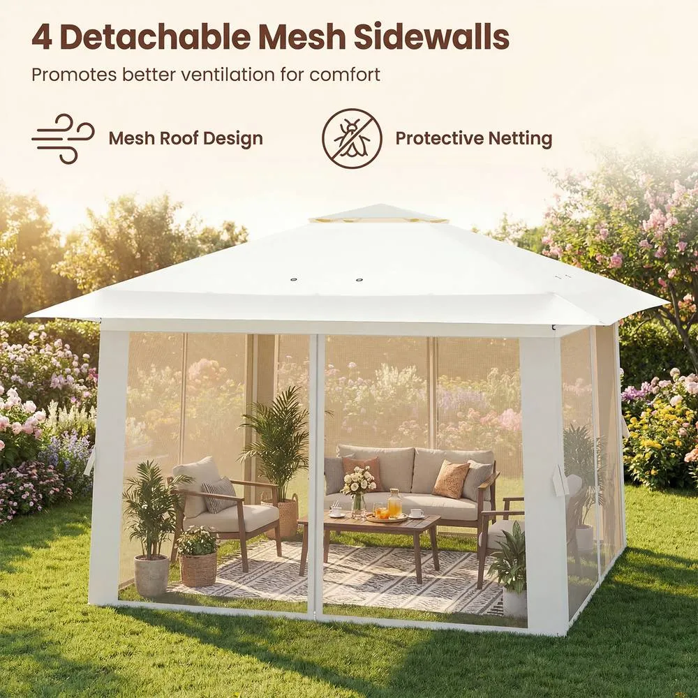 Costway Pop Up Gazebo Foldable Canopy Tent w/Mesh Netting & Double Roof in Beige 4
